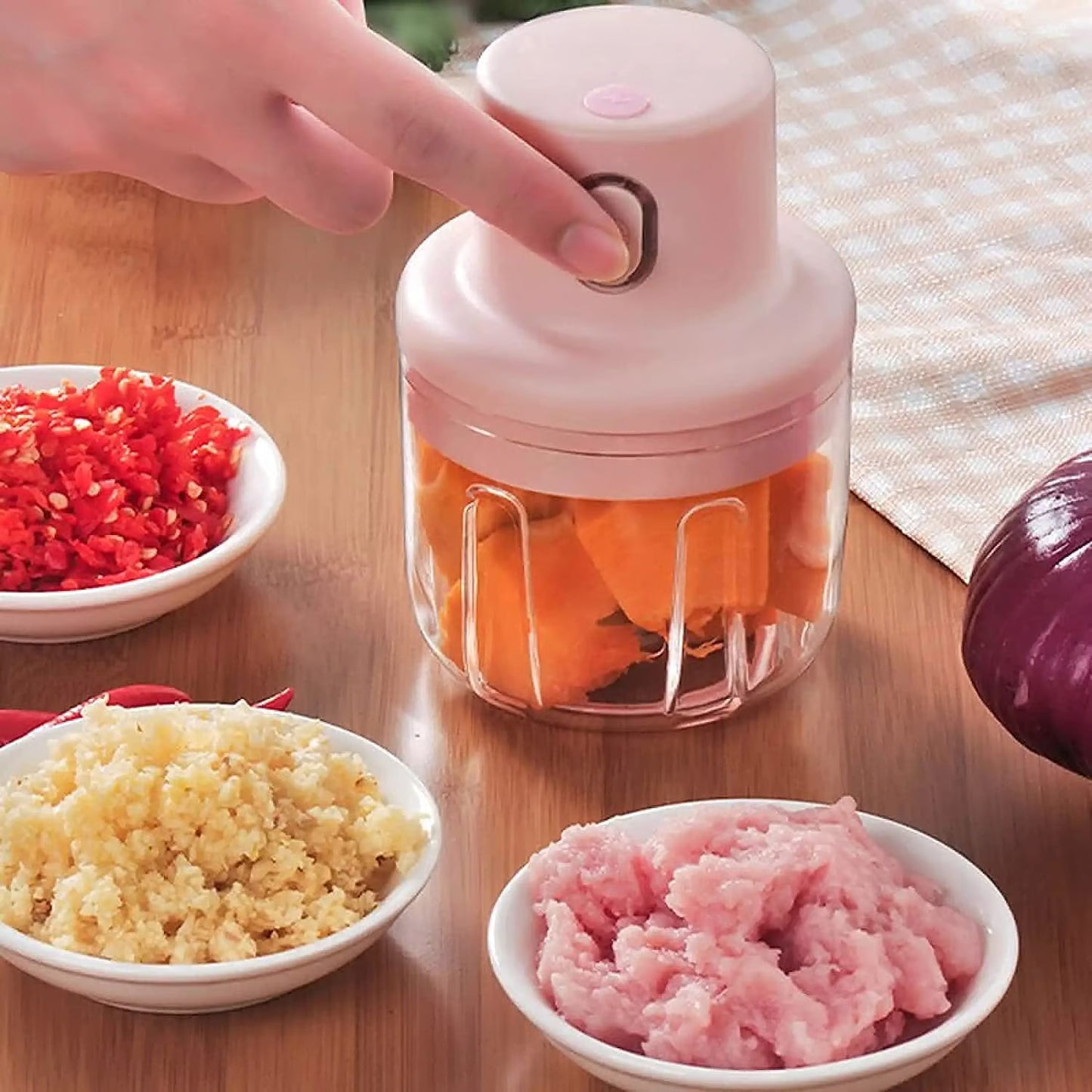 Portable Rechargeable Mini Chopper with USB | Perfect for Chopping Garlic/Chili/Ginger/Onion | Pink